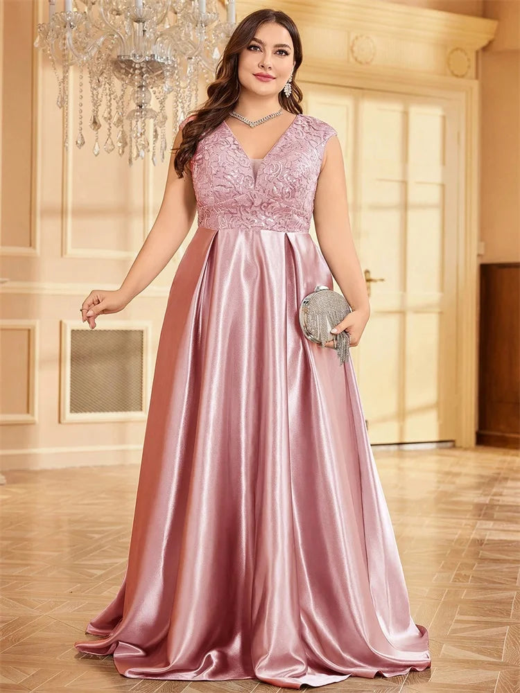 Blueplum Plus Size Gold Satin V-Neck Sequin Evening Dress 2025 - JStorehub 