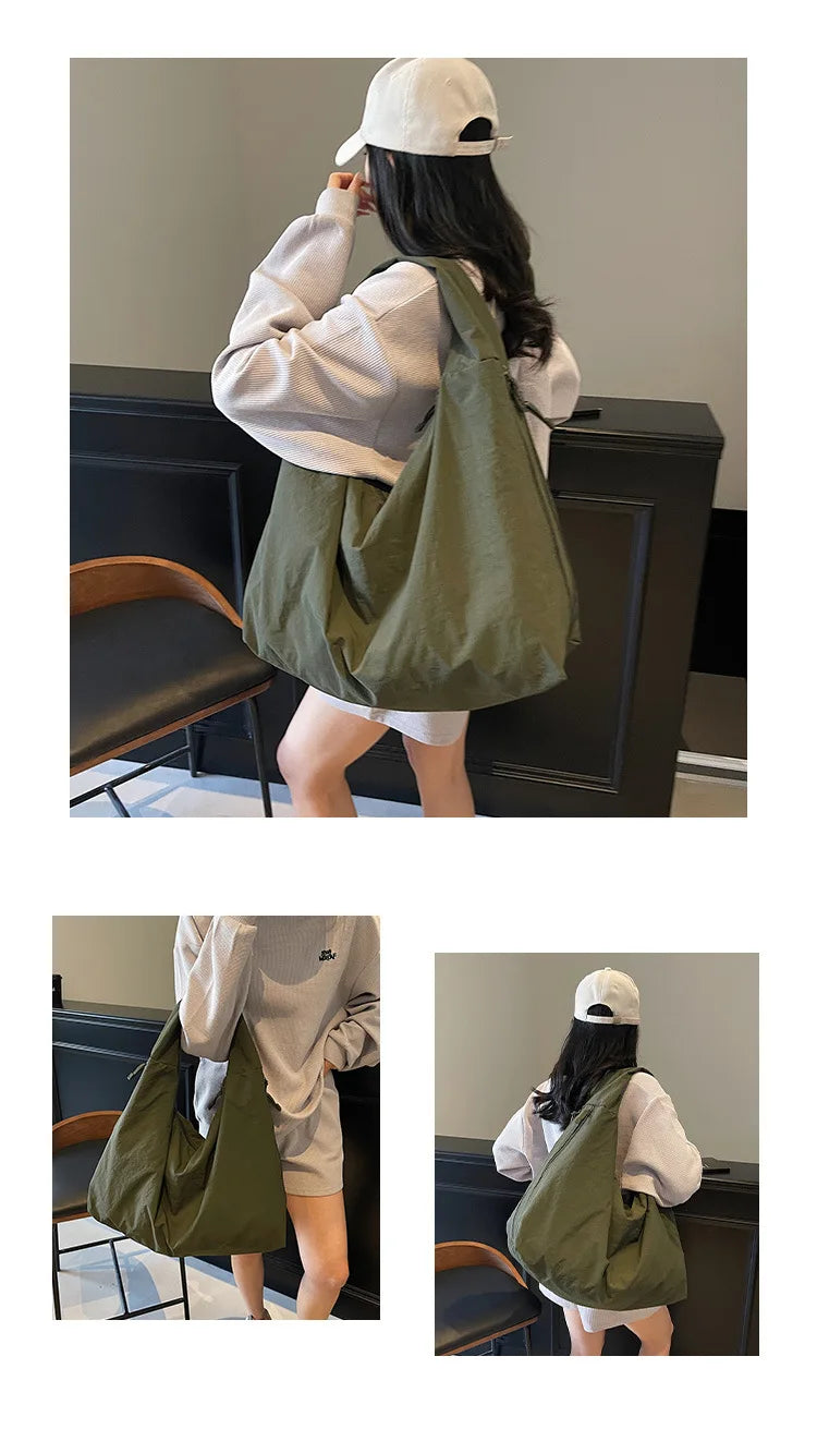 Chic Solid Color Nylon Tote Bag with Multiple Pockets - Large Capacity Shoulder Bag - JStorehub 