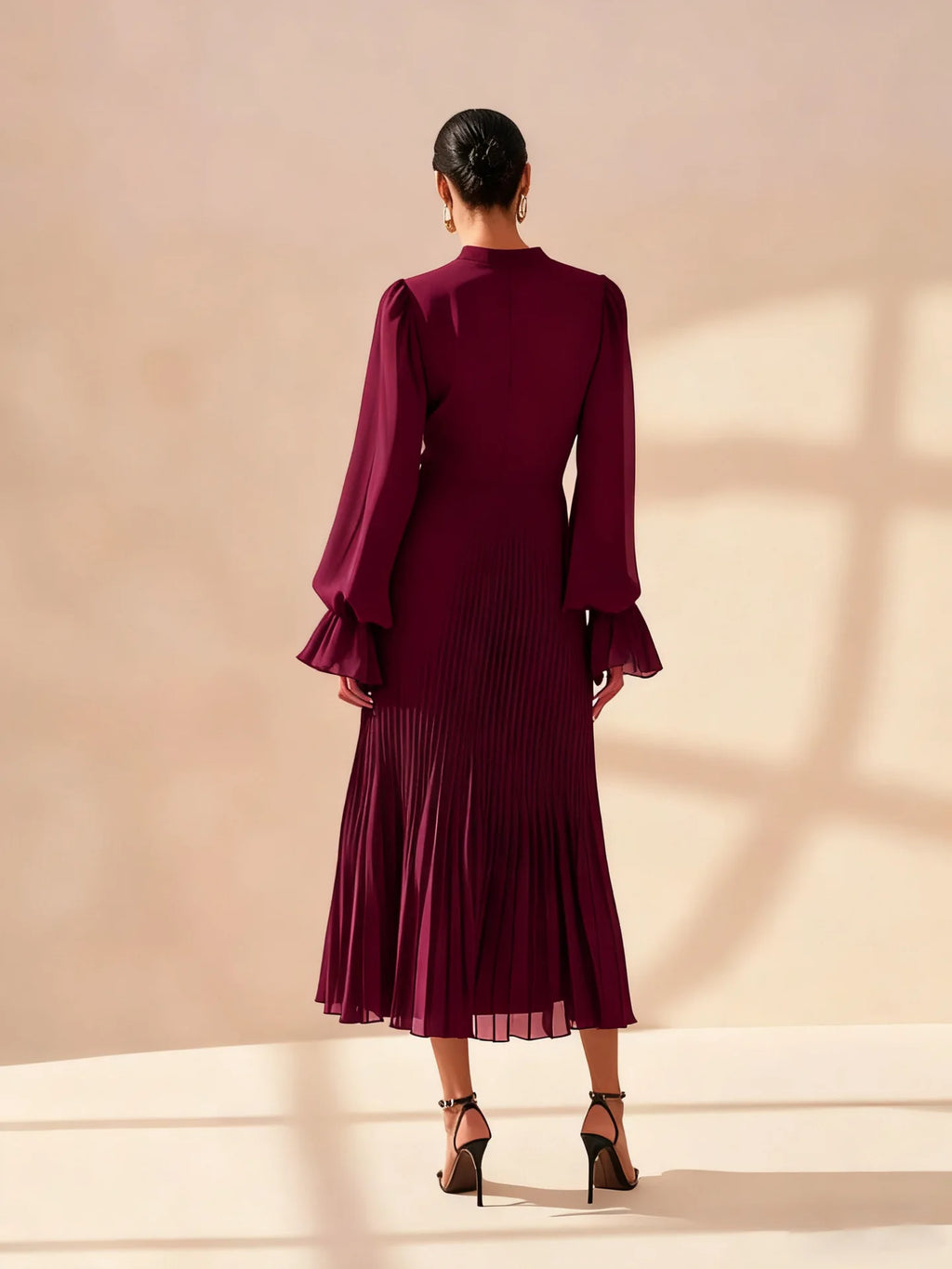 Ruffle Long Sleeve Layered A-Line Dress - Chic Spring Summer Pleated Gown - SalmanStore 