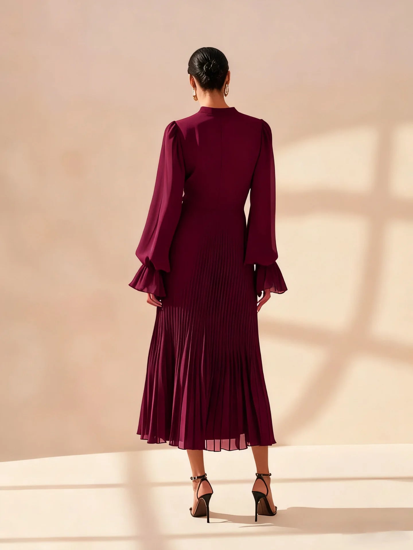 Ruffle Long Sleeve Layered A-Line Dress - Chic Spring Summer Pleated Gown - SalmanStore 