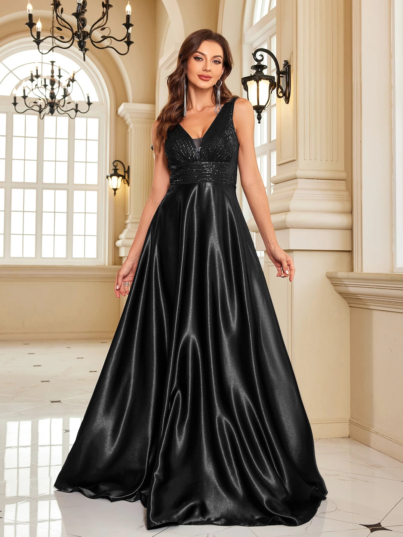Elegant Sequin Evening Dress for Women - Deep V-Neck Satin Prom Gown 2024