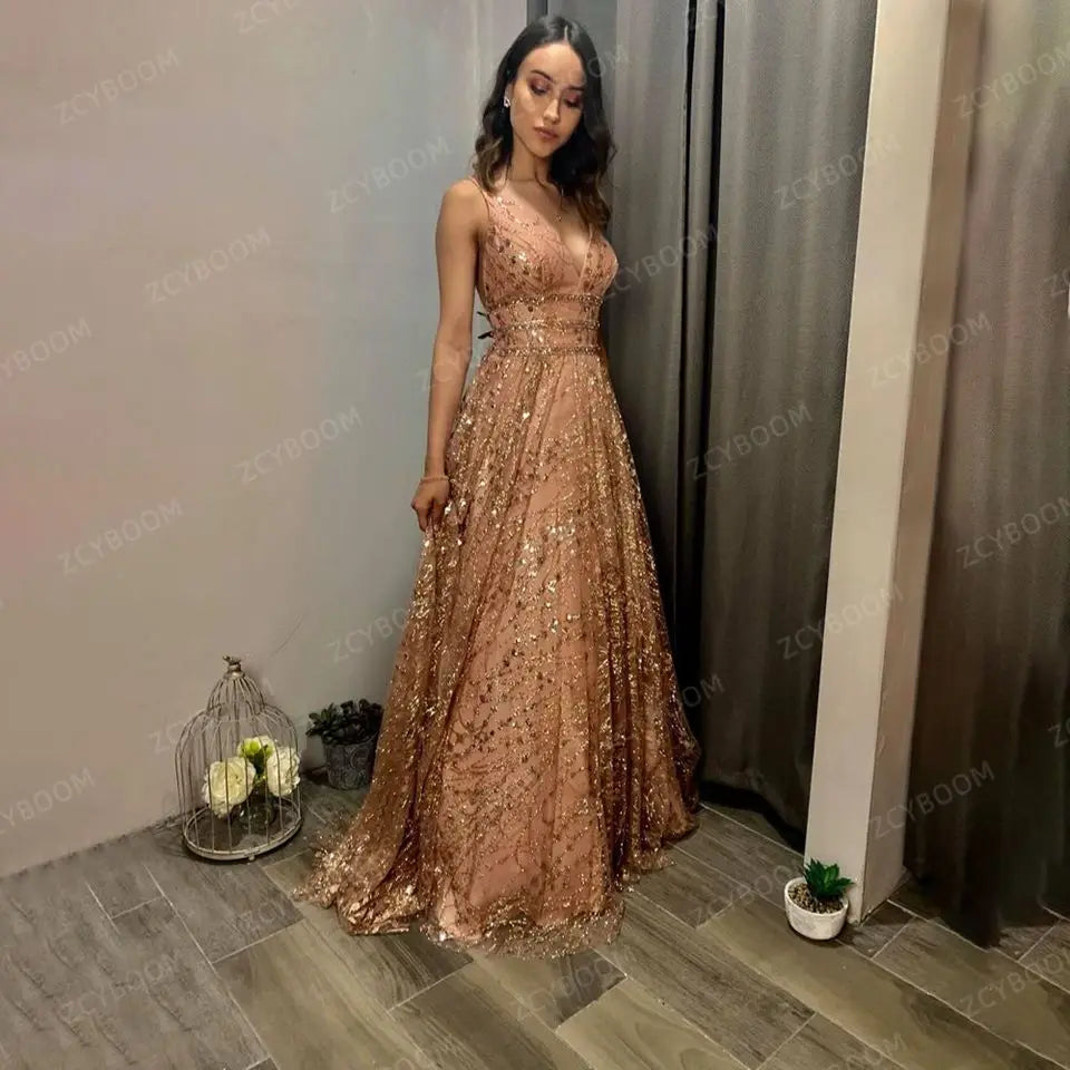 Luxury Gold Sequin V-Neck Evening Dress 2026 - Sleeveless A-Line Prom Gown - JStorehub 