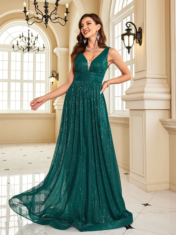 Luxury Green Sequin Evening Dress 2025 - V-Neck Sleeveless Formal Prom Gown - JStorehub 