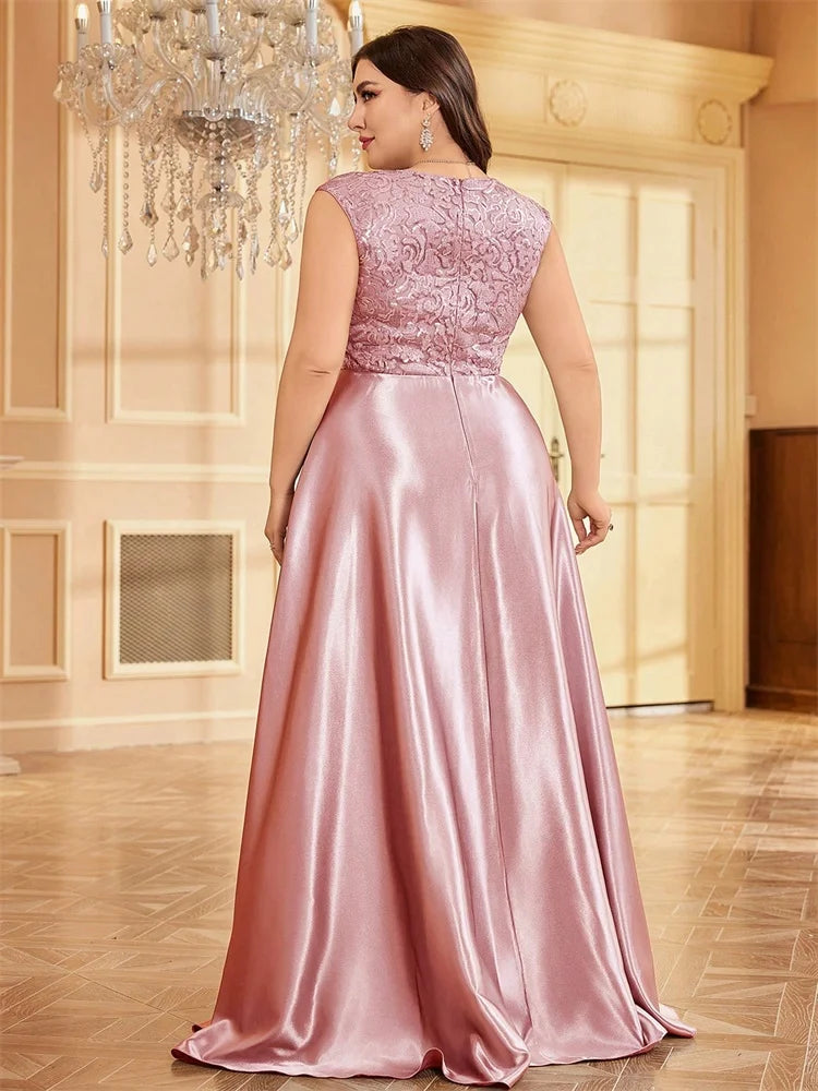 Blueplum Plus Size Gold Satin V-Neck Sequin Evening Dress 2025 - JStorehub 