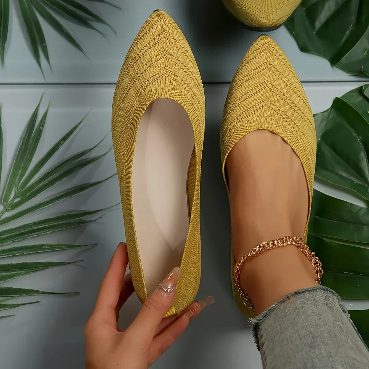Apricot Knitted Pointed Toe Flat Shoes for Women - Slip-On Comfort