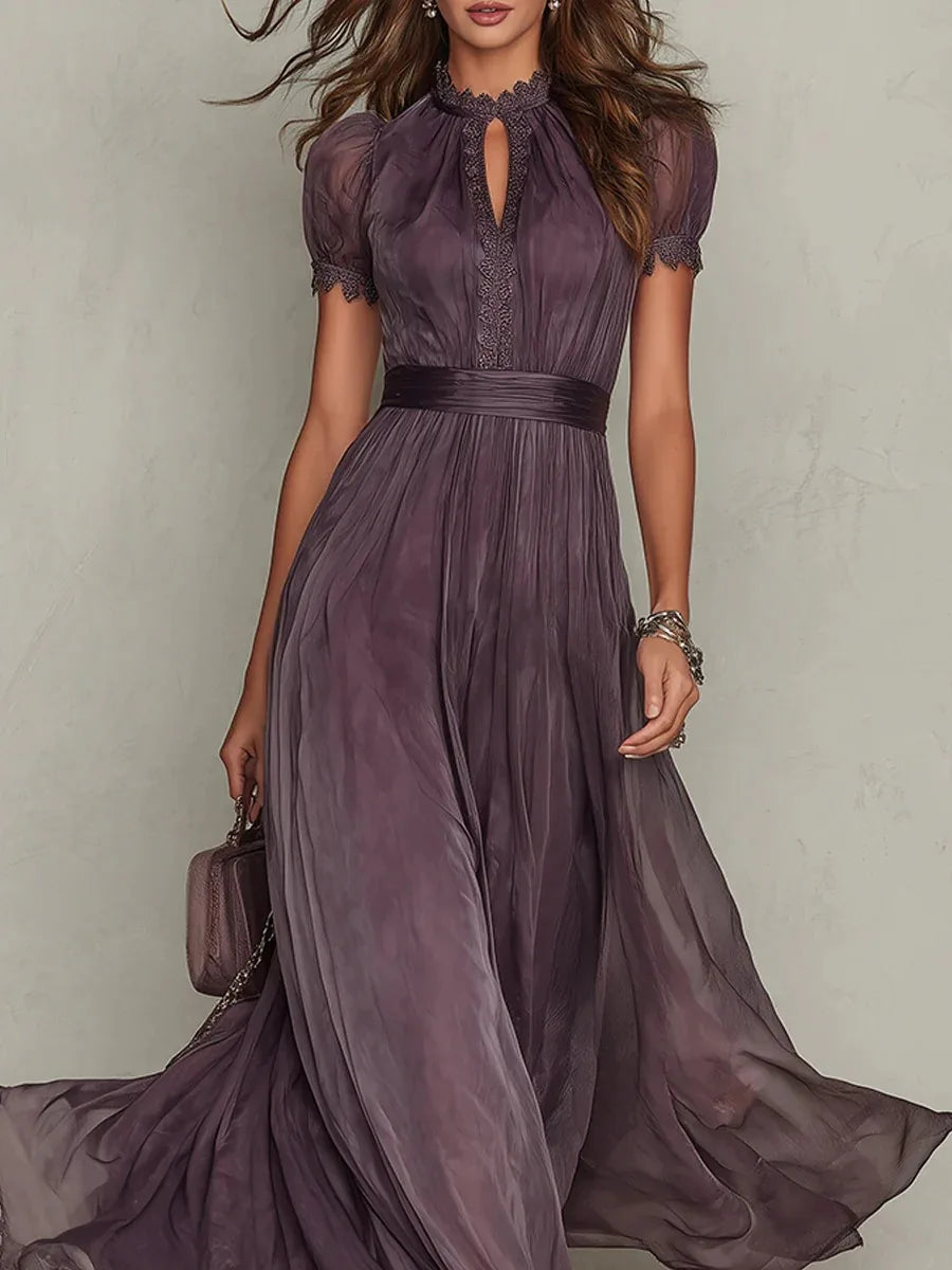 Vintage Hollow Out Maxi Dress - Stand Collar Lantern Sleeve Pleated Tunic - JStorehub 