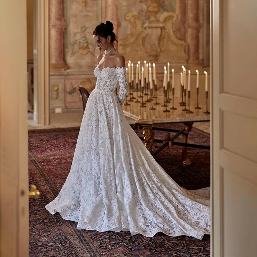 Modern Sweetheart A-Line Wedding Dress - Long Sleeve Customizable Bridal Gown 2026 - JStorehub 