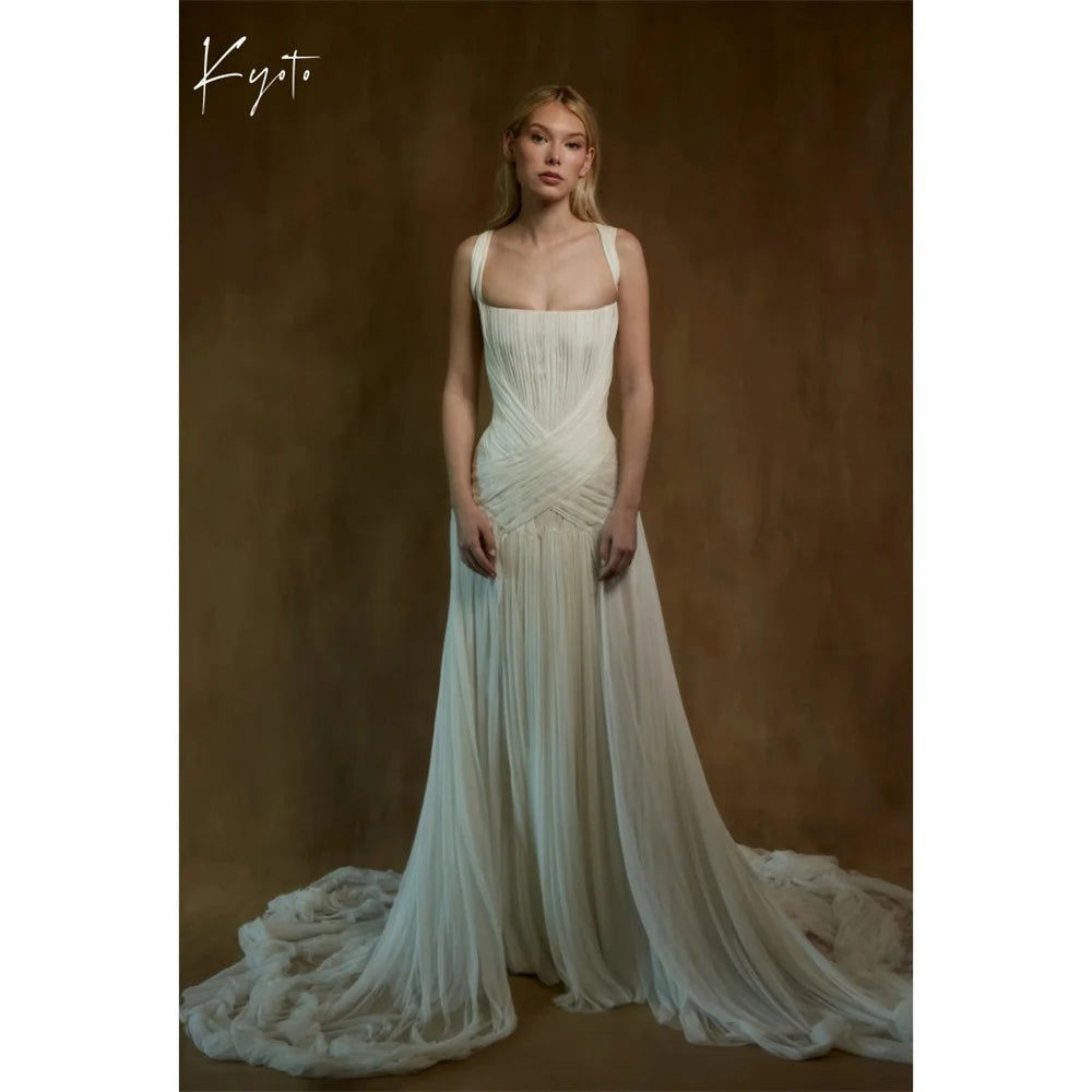 Customized White Square Collar Wedding Dress - Sleeveless Lace-Up Back A-Line Gown - JStorehub 