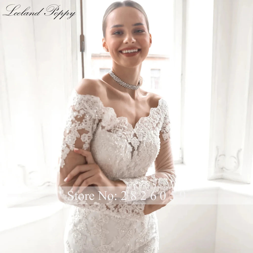 Iceland Poppy Customized Boat Neck Mermaid Lace Wedding Dress with Detachable Train - JStorehub 