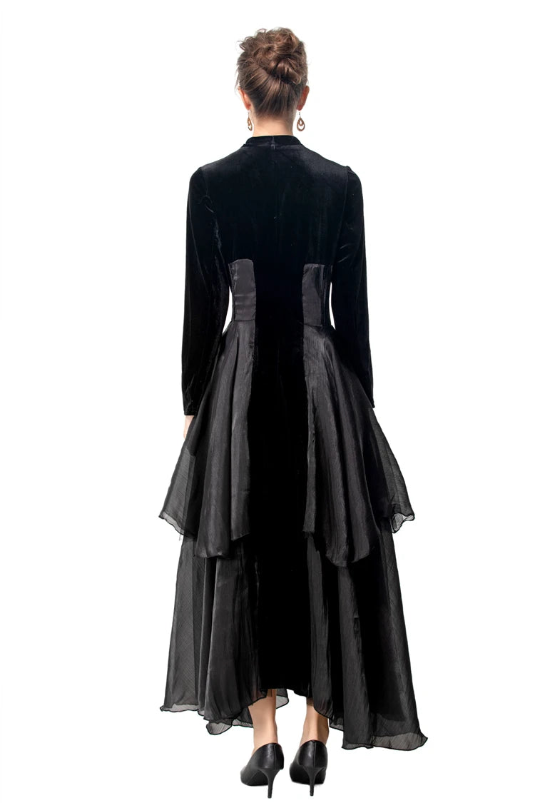 Women's Dresses Sexy V Neck Long Sleeves Velvet Patchwork Ruffles Elegant Fashion Designer Party Prom Gown - SalmanStore 