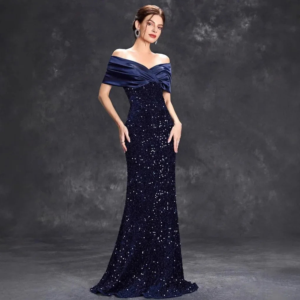 Slim Fit One Shoulder Sequin Evening Gown - A-Line Floor Length Party Dress - JStorehub 