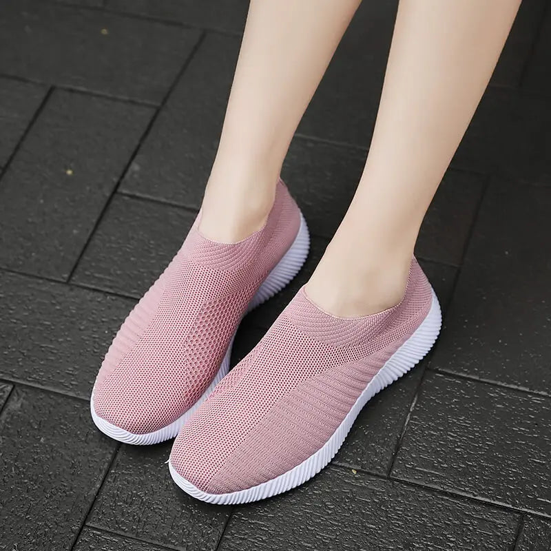 Women's Pink Mesh Sneakers - Breathable Flying Woven Slip-On Walking Shoes - JStorehub 