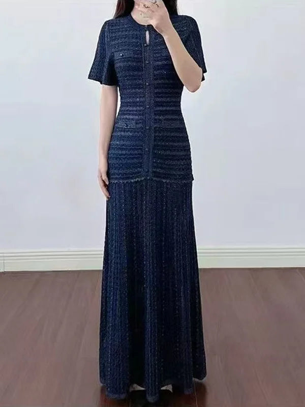 Solid Knit Hollow Out Maxi Dress for Women - Short Sleeve Bodycon Dress 2026 - JStorehub 