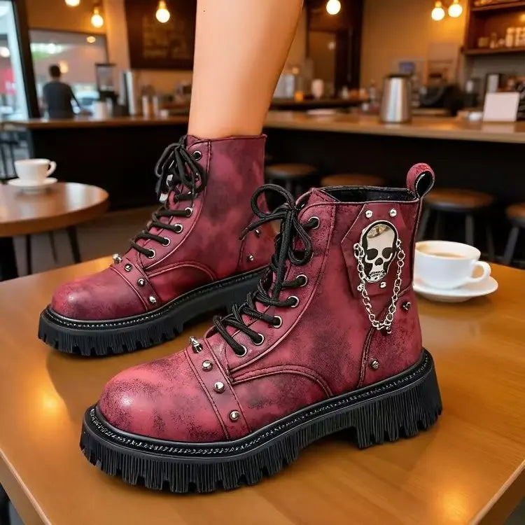 Women's Punk Ankle Boots - Platform Buckle Lace-Up Block Heel Shoes