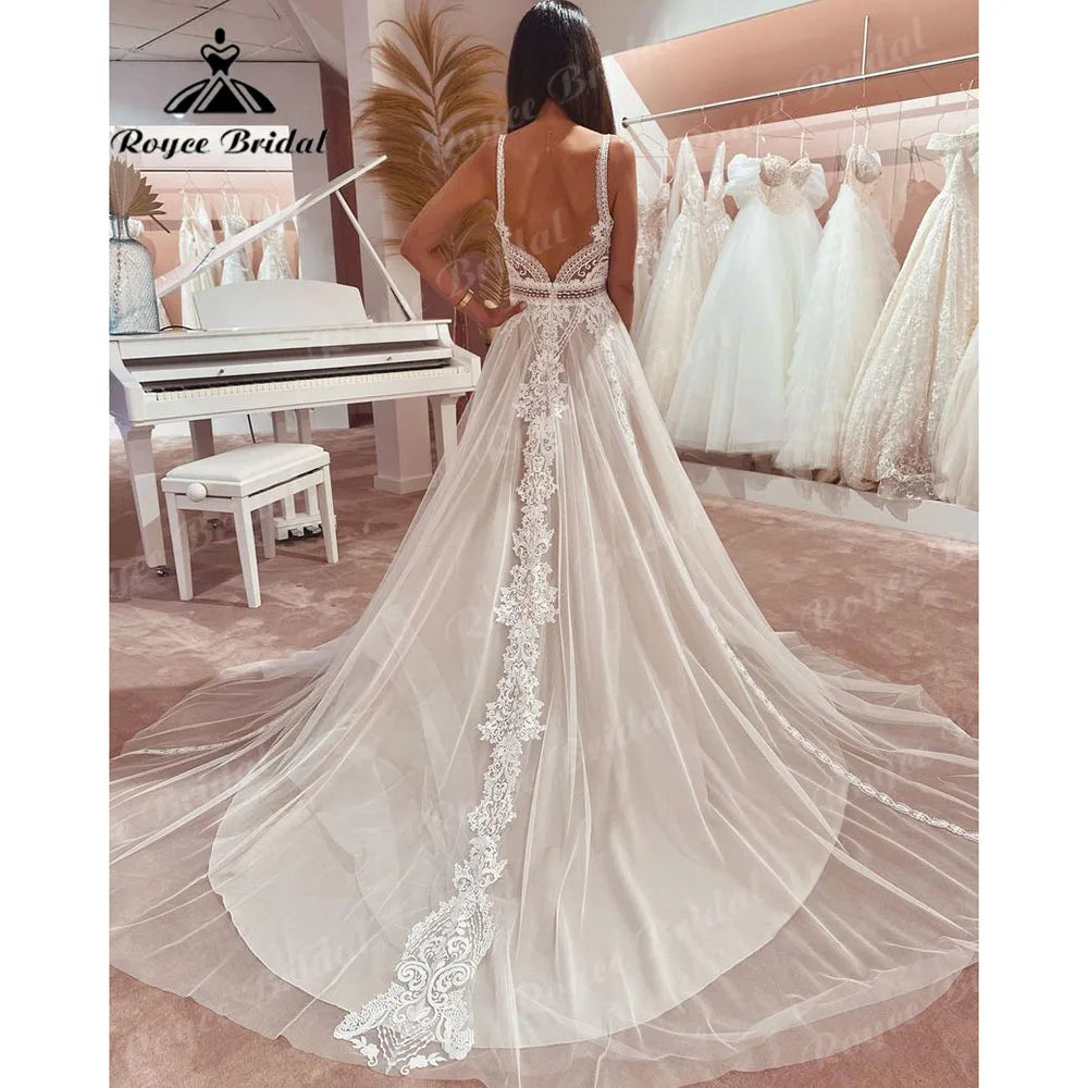 Boho Beach Lace Wedding Dress 2026 - V-Neck Backless Summer Bridal Gown - JStorehub 