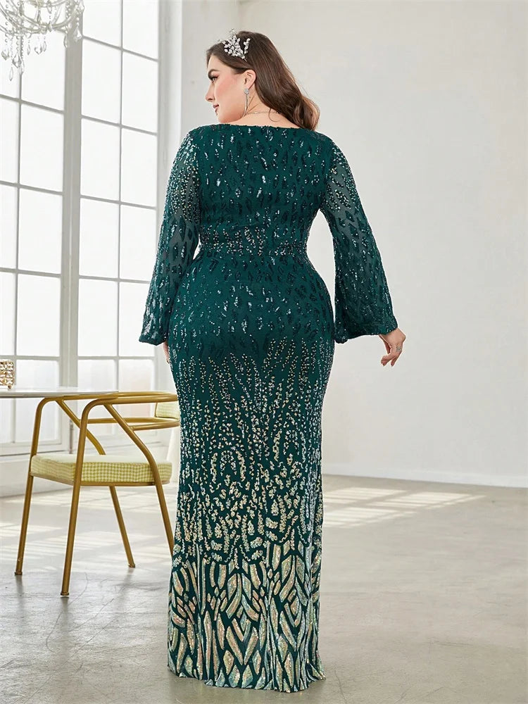Plus Size Black Sequin Long Sleeve Evening Dress 2025 Luxury Prom - JStorehub 
