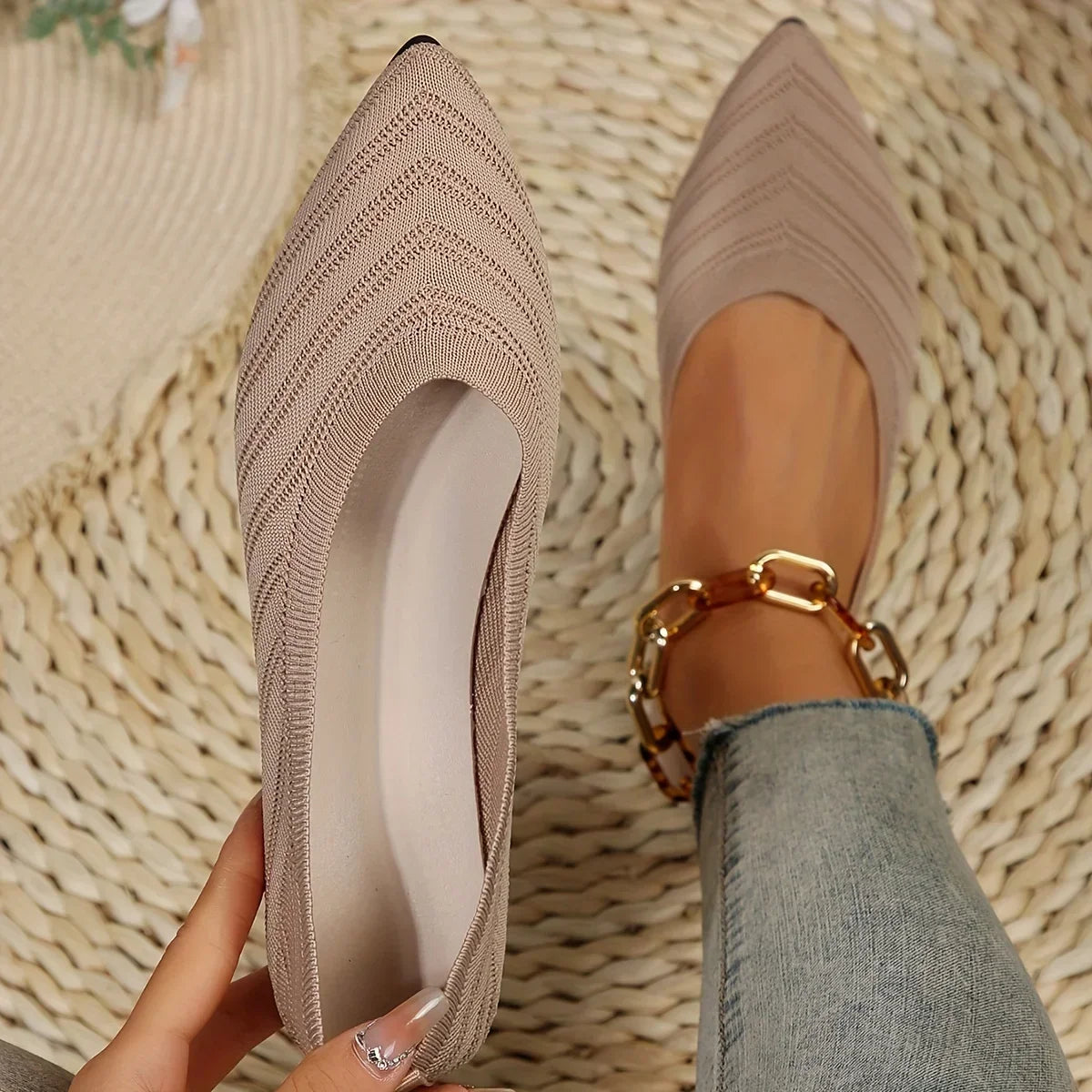 Apricot Knitted Pointed Toe Flat Shoes for Women - Slip-On Comfort