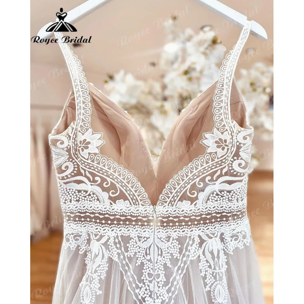 Boho Beach Lace Wedding Dress 2026 - V-Neck Backless Summer Bridal Gown - JStorehub 