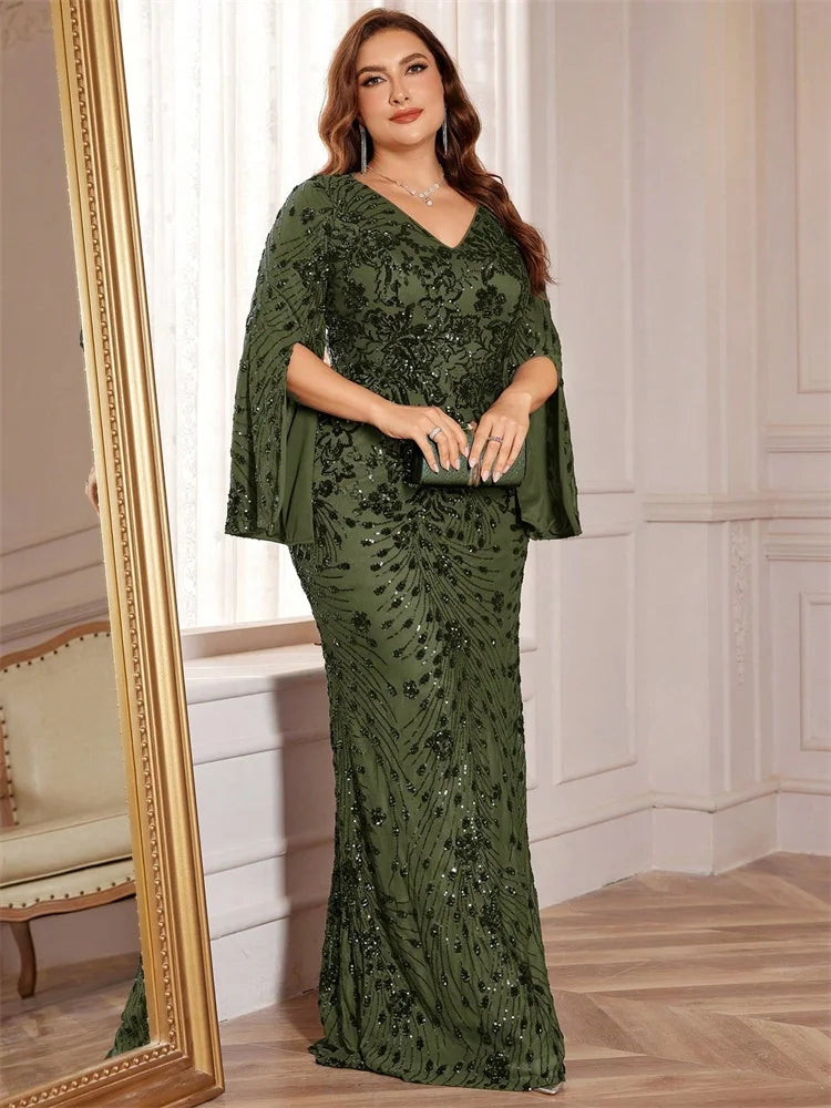 Plus Size Gold Sequin Mermaid Evening Dress - Long Sleeve Formal Prom Gown