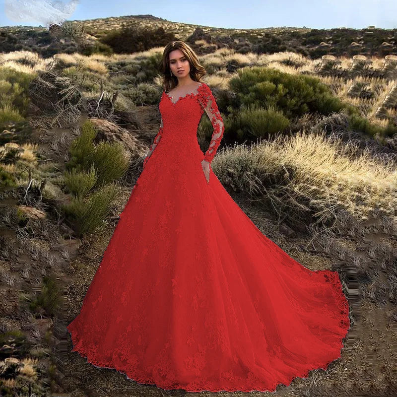 Elegant Long Sleeve Lace Plus Size Wedding Dress - 3XL Ball Gown Bridal Gown - JStorehub 