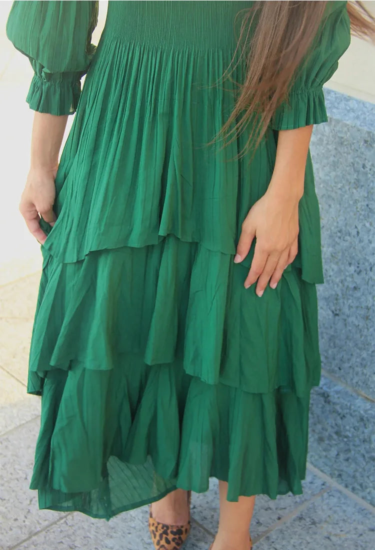 Miyake Pleated Lantern Sleeve Dress - Solid Color Lotus Edge Long Skirt - JStorehub 