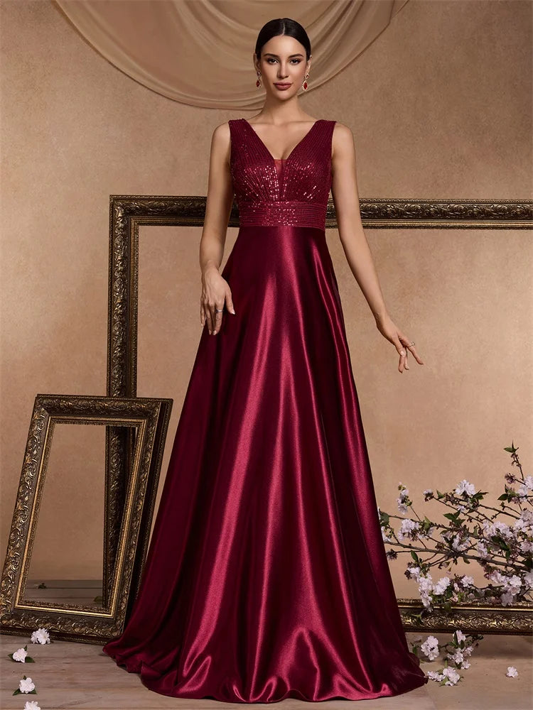 Elegant Sequin Evening Dress for Women - Deep V-Neck Satin Prom Gown 2024 - JStorehub 
