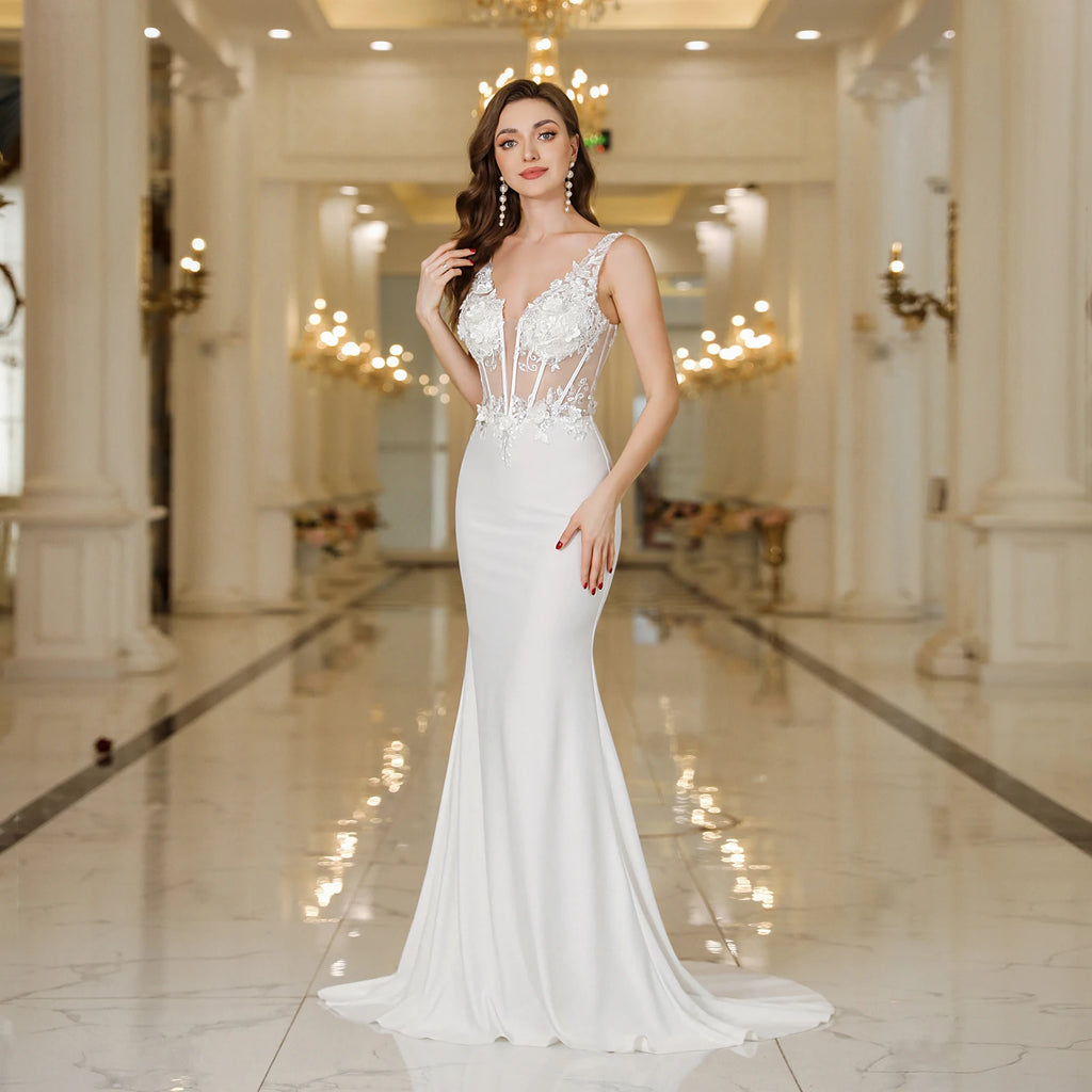 Elegant Mermaid Wedding Dress with Lace & Pearl Details - SalmanStore 