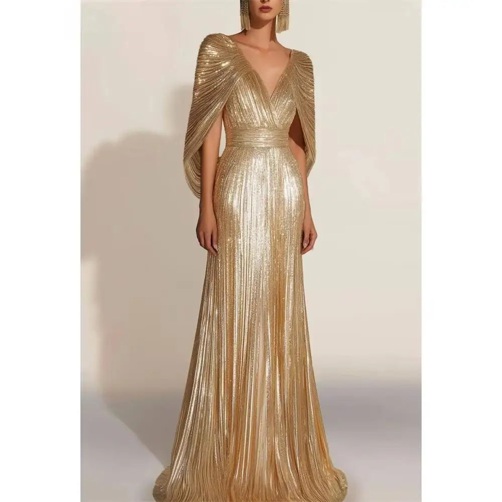 Gold V-Neck A-Line Glitter Prom Dress with Shawl - Floor Length - JStorehub 