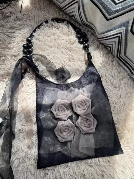 Chinese Style Rose Decor Shoulder Bag - Classic Pleated Commuter Tote Bag - JStorehub 