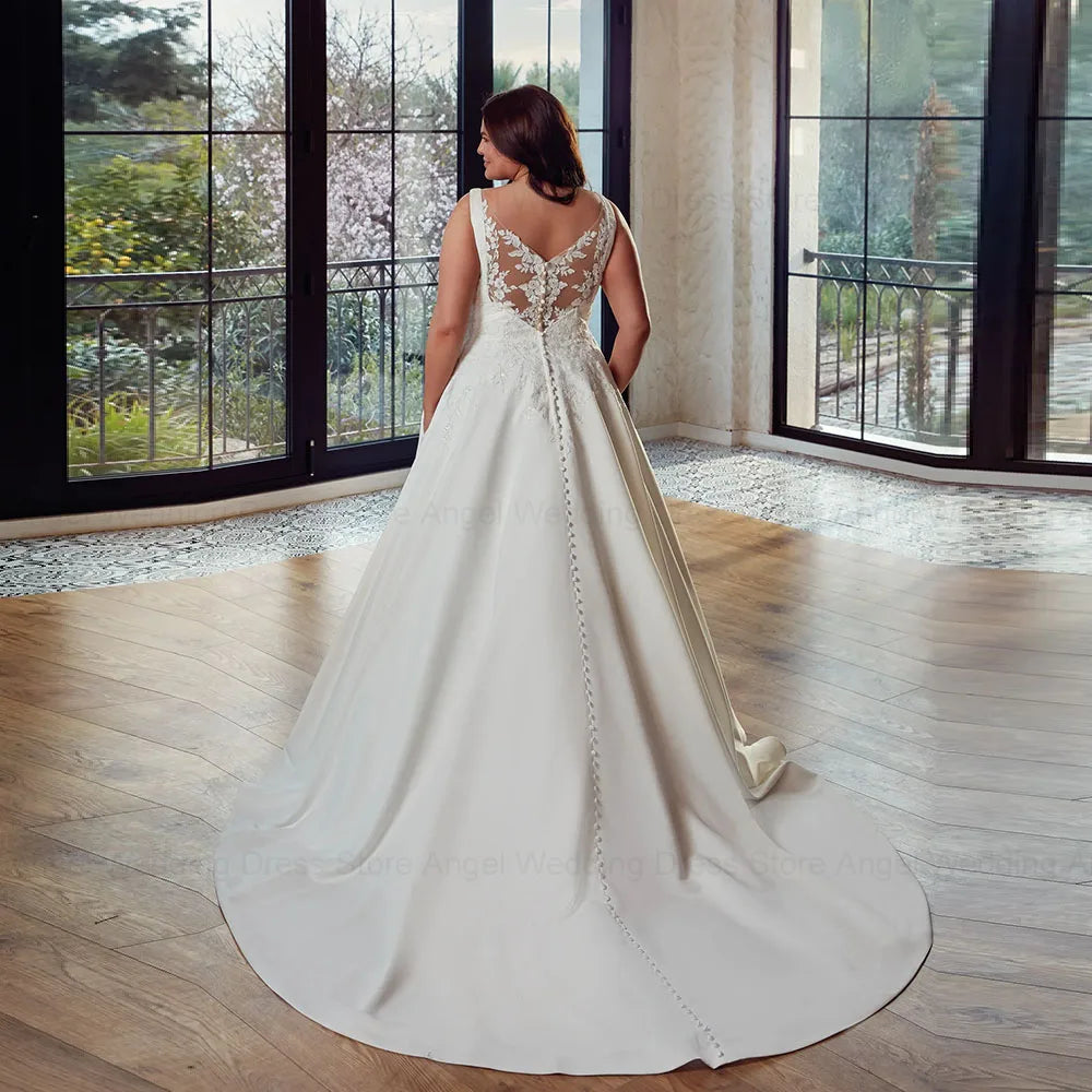 Plus Size A-Line Wedding Dress 2025 - V-Neck Sleeveless Applique Bridal Gown - JStorehub 