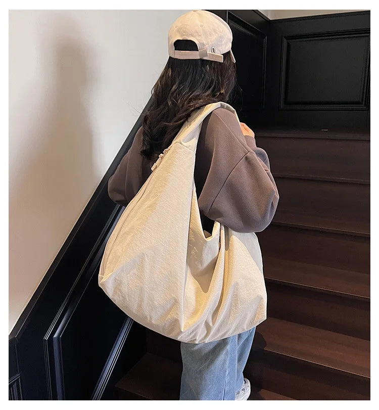 Chic Solid Color Nylon Tote Bag with Multiple Pockets - Large Capacity Shoulder Bag - JStorehub 