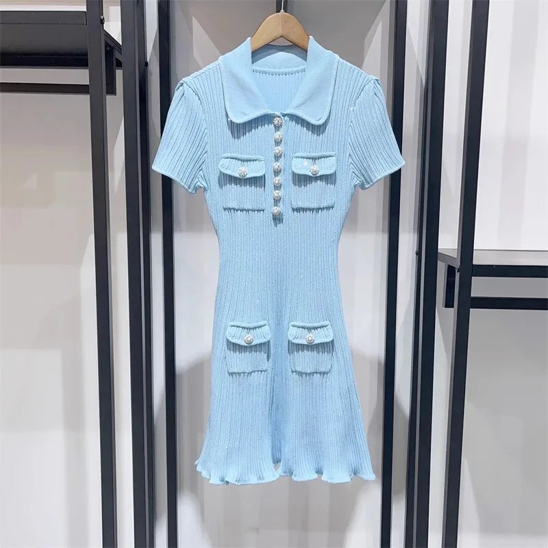 Women Dresses - Polo Neck Knitted Dress Y2K - Salman Store