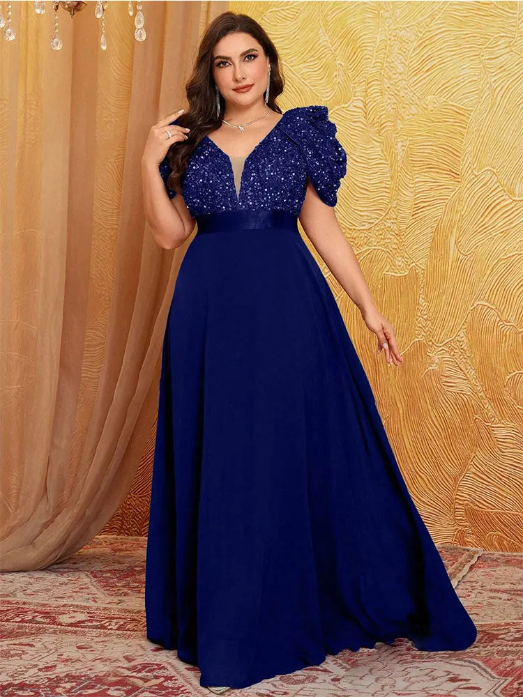 Plus Size Lotus Pink Sparkling Puff Sleeve Evening Dress 4XL 5XL - JStorehub 