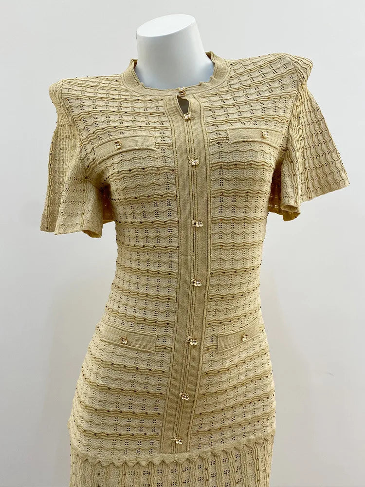 Solid Knit Hollow Out Maxi Dress for Women - Short Sleeve Bodycon Dress 2026 - JStorehub 