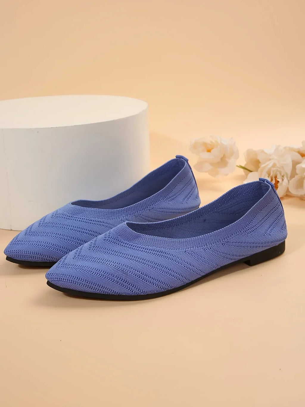 Apricot Knitted Pointed Toe Flat Shoes for Women - Slip-On Comfort