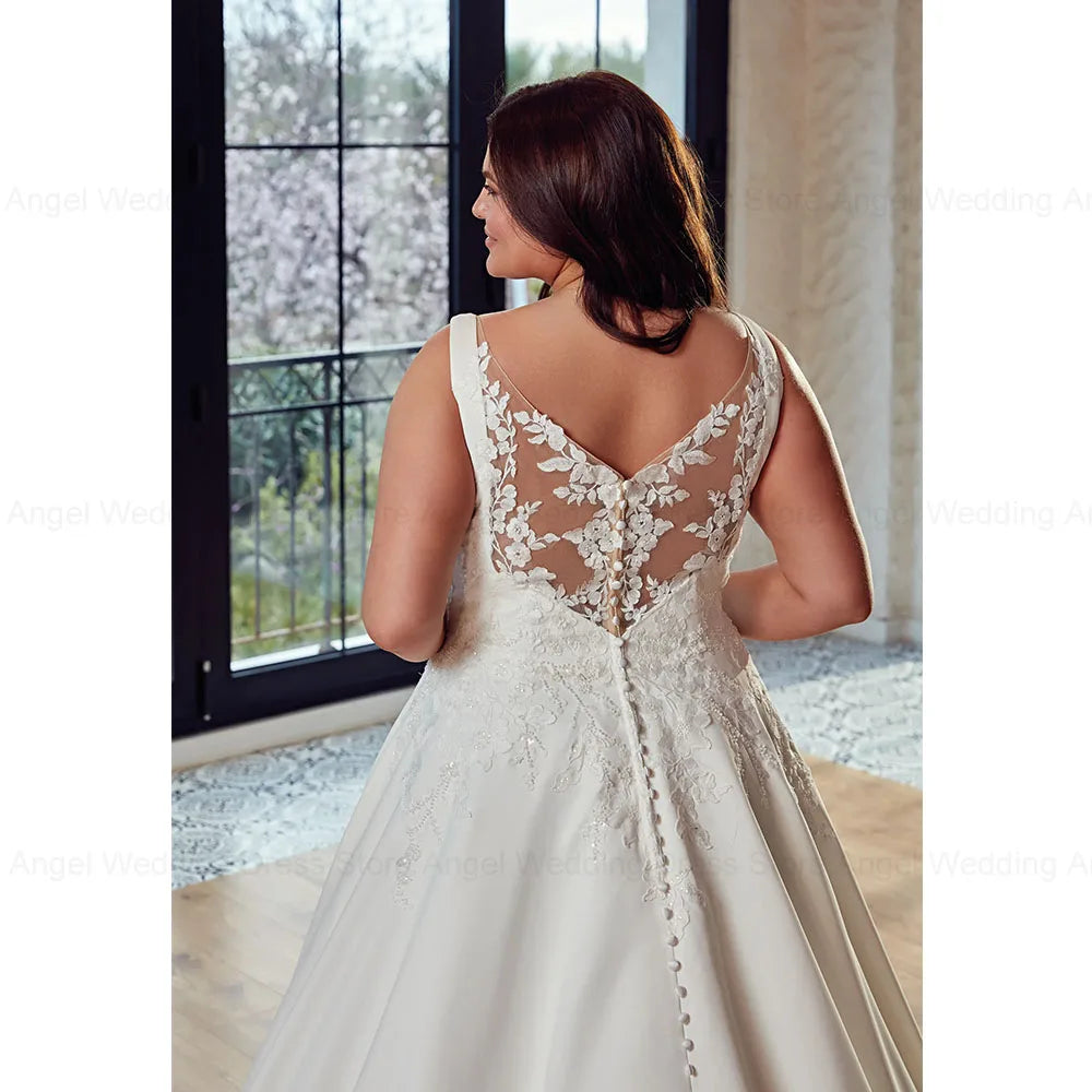 Plus Size A-Line Wedding Dress 2025 - V-Neck Sleeveless Applique Bridal Gown - JStorehub 
