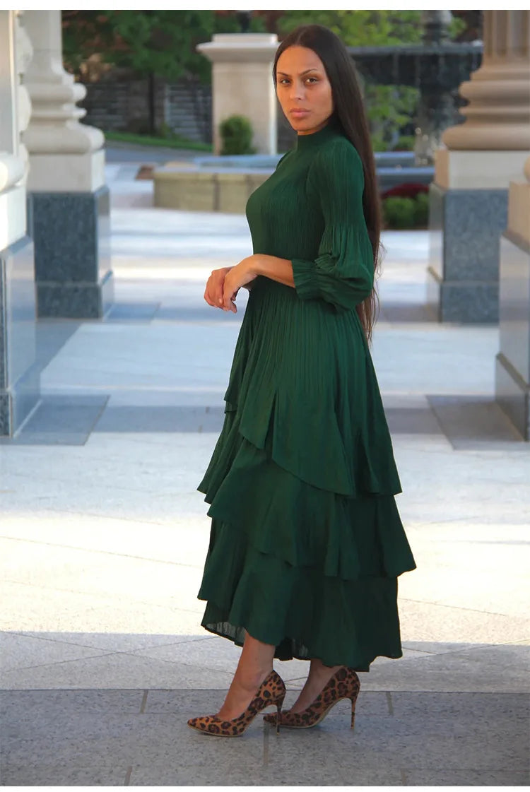 Miyake Pleated Lantern Sleeve Dress - Solid Color Lotus Edge Long Skirt - JStorehub 