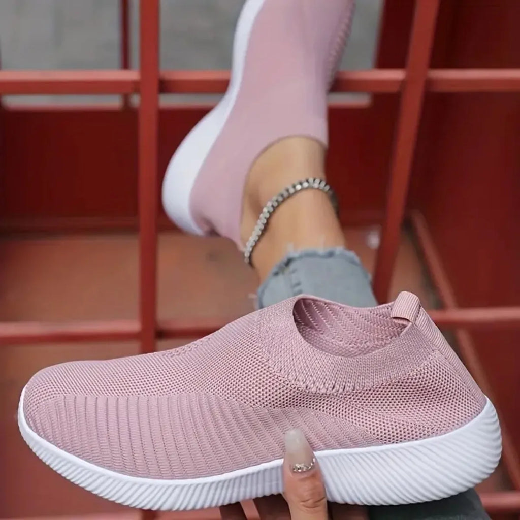 Women's Pink Mesh Sneakers - Breathable Flying Woven Slip-On Walking Shoes - JStorehub 