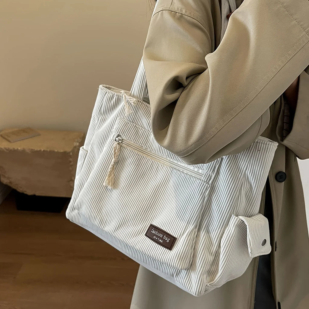 Simple Corduroy Tote Bag for Women - Solid Color Retro Multi-Pocket Shoulder Bag - JStorehub 
