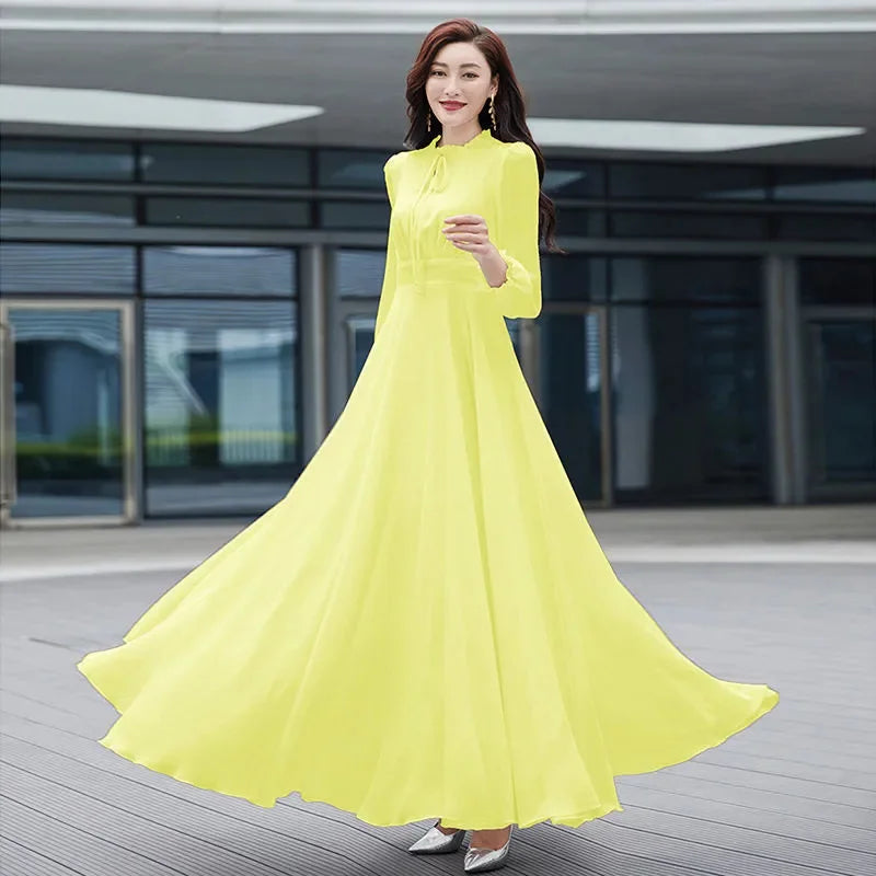 2026 Bohemian Beach Long Chiffon Dress - Elegant Long Sleeve 4XL
