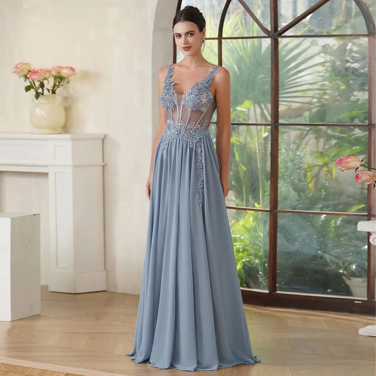 Navy Blue Beaded A-Line Evening Dress - Spaghetti Straps Illusion Prom Gown