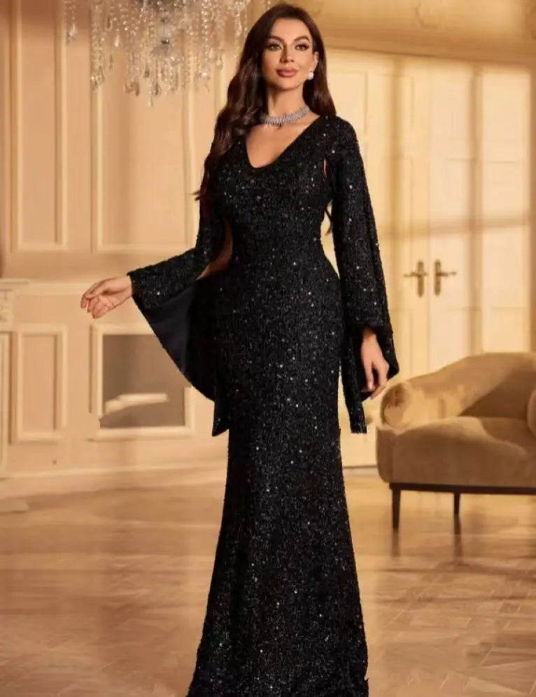 Elegant Chiffon Sequin Evening Dress - Round Neck Flared Cuffs Wedding Gown - JStorehub 