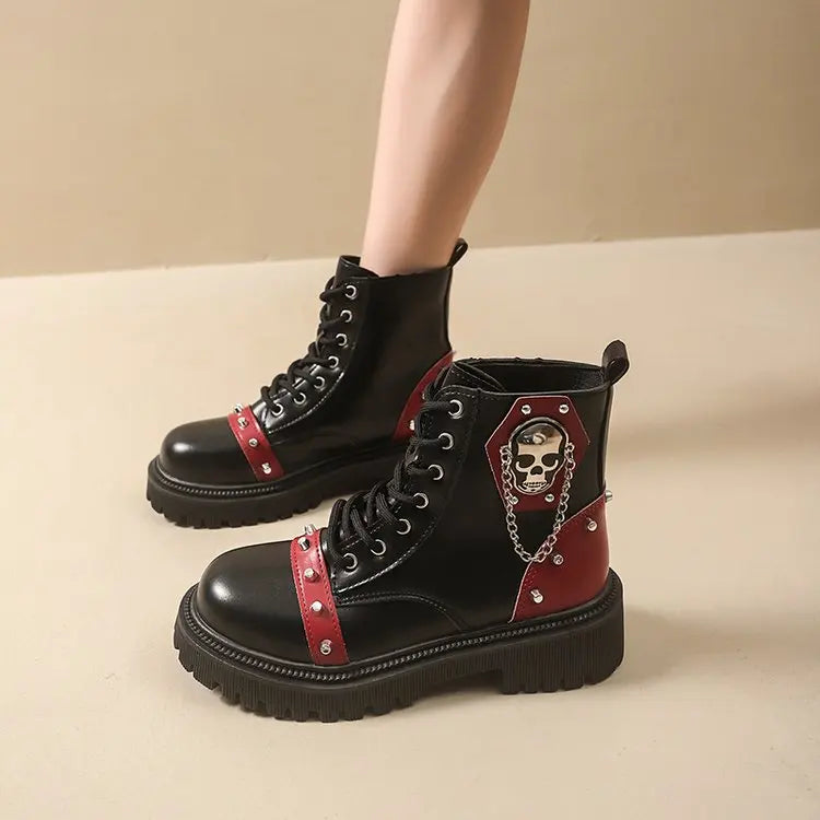 Women's Punk Ankle Boots - Platform Buckle Lace-Up Block Heel Shoes - JStorehub 