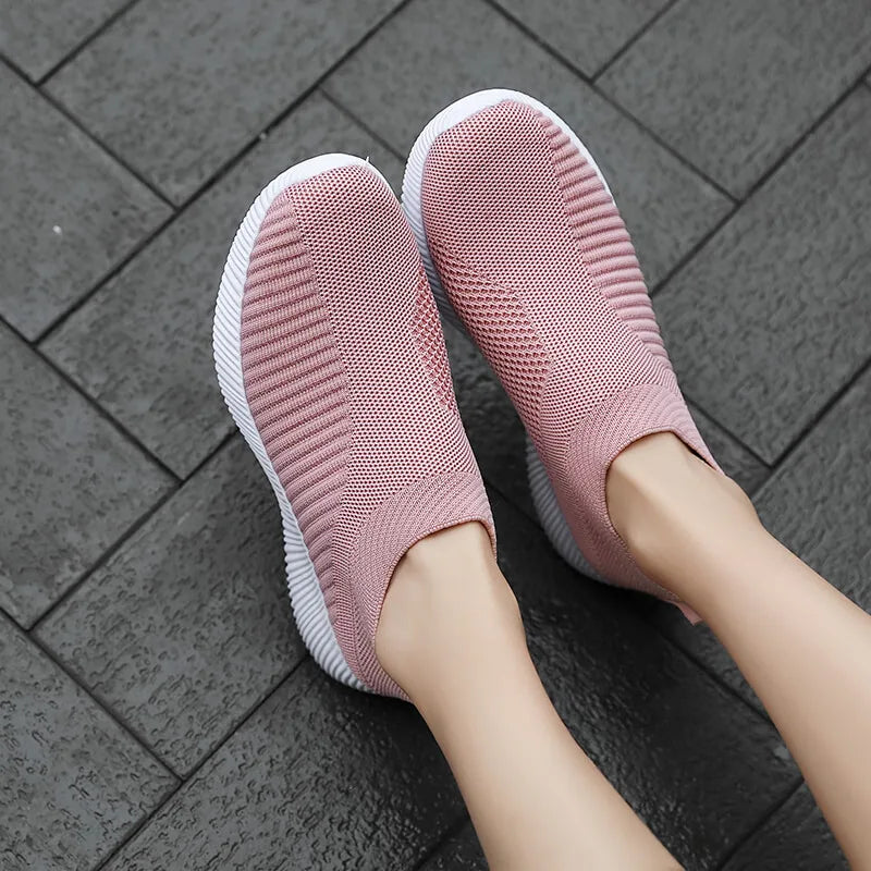 Women's Pink Mesh Sneakers - Breathable Flying Woven Slip-On Walking Shoes - JStorehub 