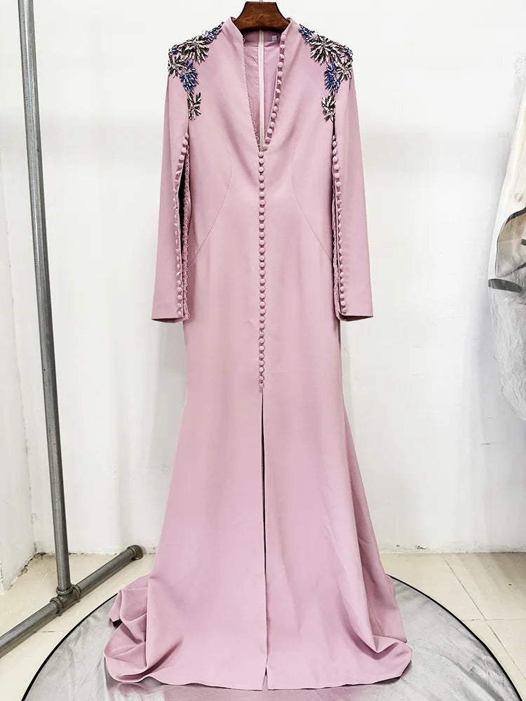 HIGH STREET Newest Fashion 2026 Designer Maxi Dresses Women's Diamonds Beaded Slit Sleeve Long Maxi Dress - JStorehub 