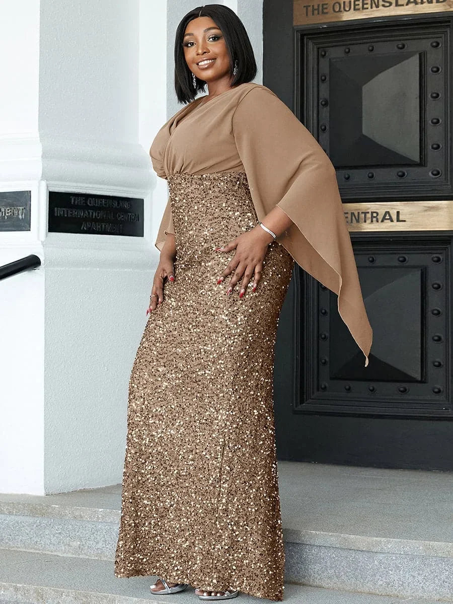 2024 Chiffon Sequin Spliced Deep V Long Evening Prom Gown - JStorehub 