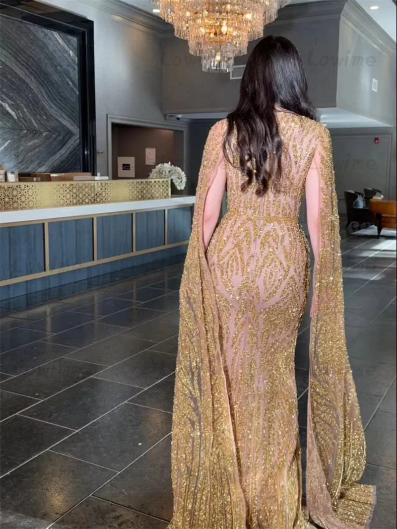 Gold Beaded Glitter Sequin Mermaid Evening Dress with Cape Sleeves - JStorehub 