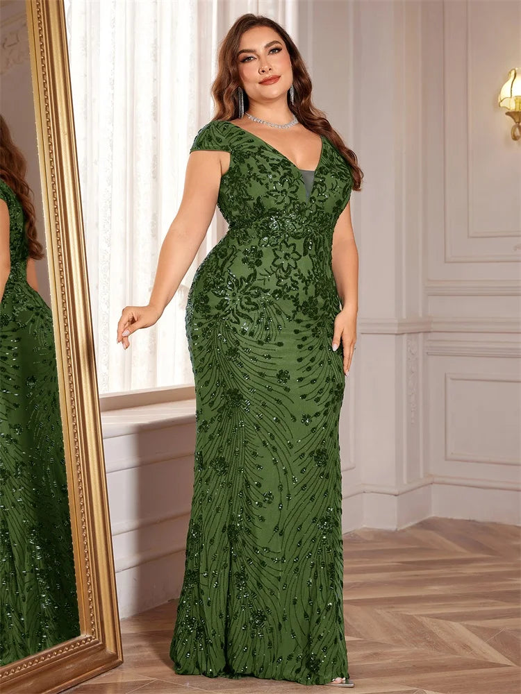 Plus Size Blue Sequin Mermaid Evening Dress - Long V-Neck Formal Prom Gown