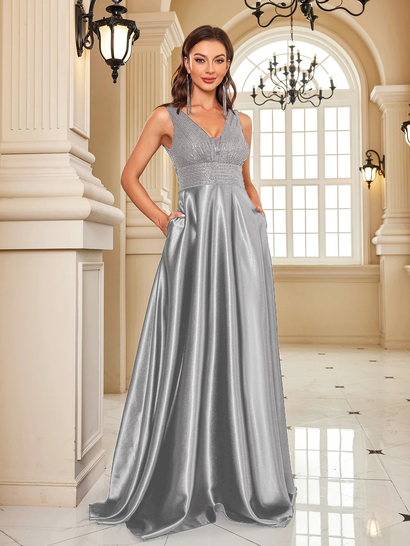 Elegant Sequin Evening Dress for Women - Deep V-Neck Satin Prom Gown 2024 - JStorehub 