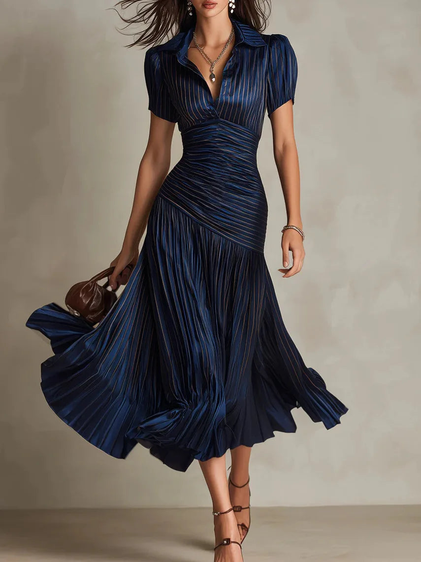 Elegant Satin A-Line Shirt Dress - Lapel High Waist Pleated Long Dress - JStorehub 